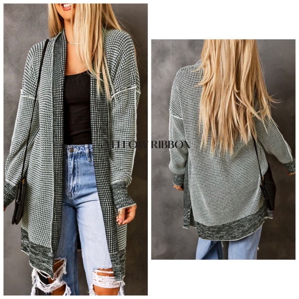 NEW Gray Plaid Knitted Long Open Front Cardigan - Picture 2 of 4